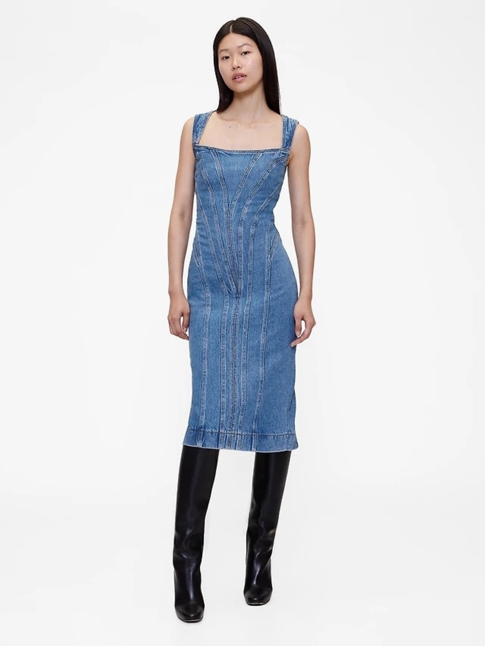 GAPStudio Blue Denim Square-Neck Midi Dress